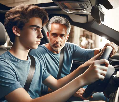 teen driving a car with his daddy who added him in his car insurance