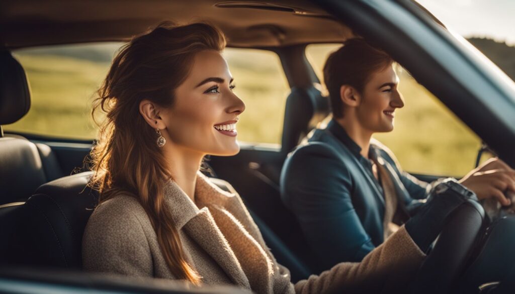 a happy couple driving a car with a young American insurance