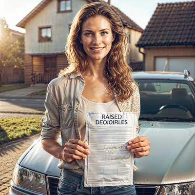 A young woman holding a paper that says, 'Raise deductibles.