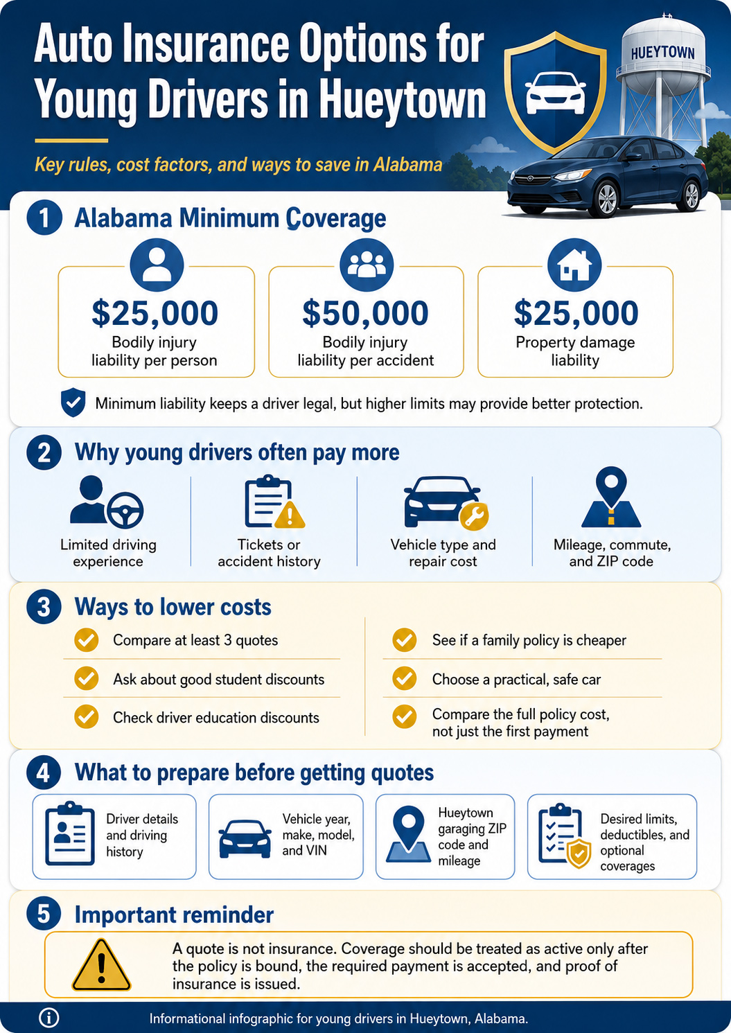 Infographic explaining auto insurance options for young drivers in Hueytown, including Alabama minimum coverage, cost factors, discounts, quote preparation, and proof of insurance reminders.
