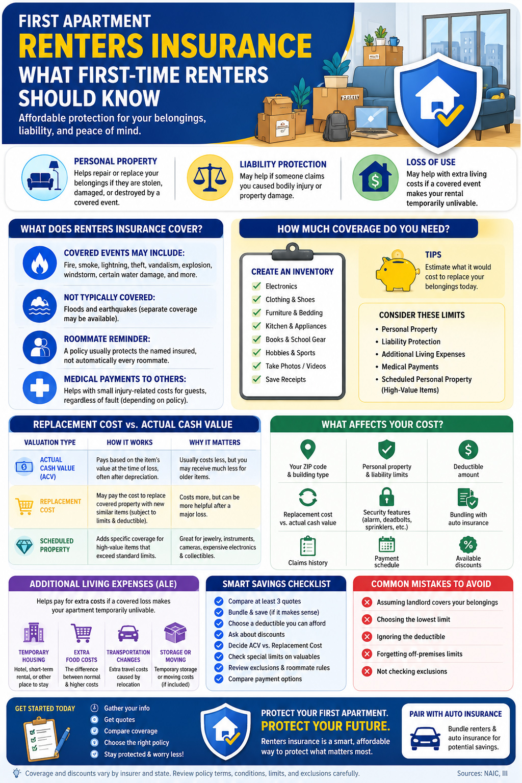 Infographic explaining renters insurance for first-time renters, including personal property coverage, liability protection, loss of use, covered events, exclusions, replacement cost versus actual cash value, cost factors, savings tips, and common mistakes to avoid.