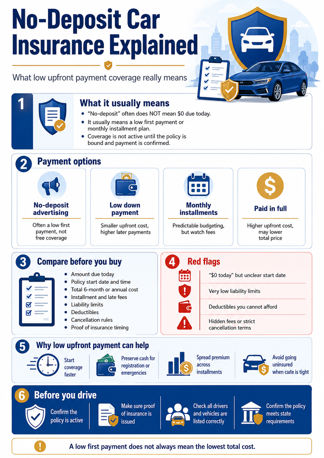 Infographic explaining no-deposit car insurance, including what low upfront payment coverage means, payment options, what to compare before buying, red flags, benefits, and steps to confirm coverage before driving.